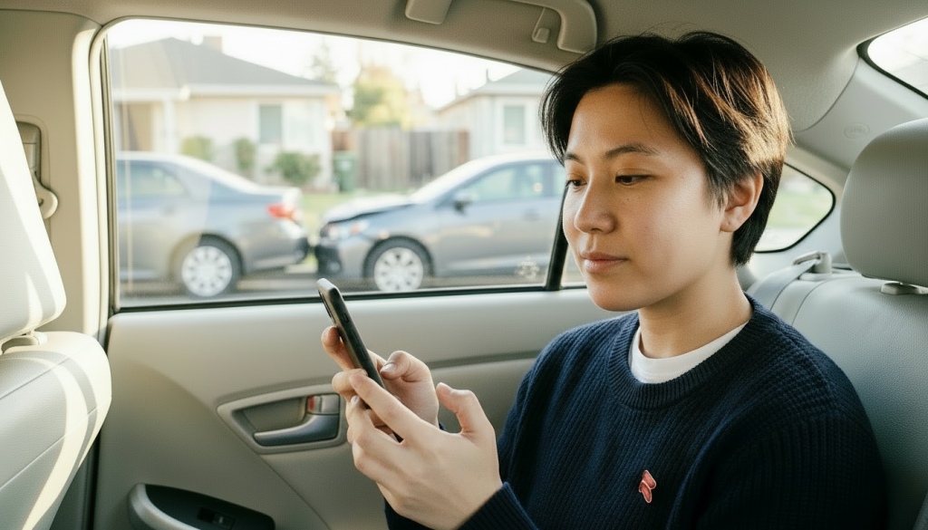Woman in rideshare getting support post accident