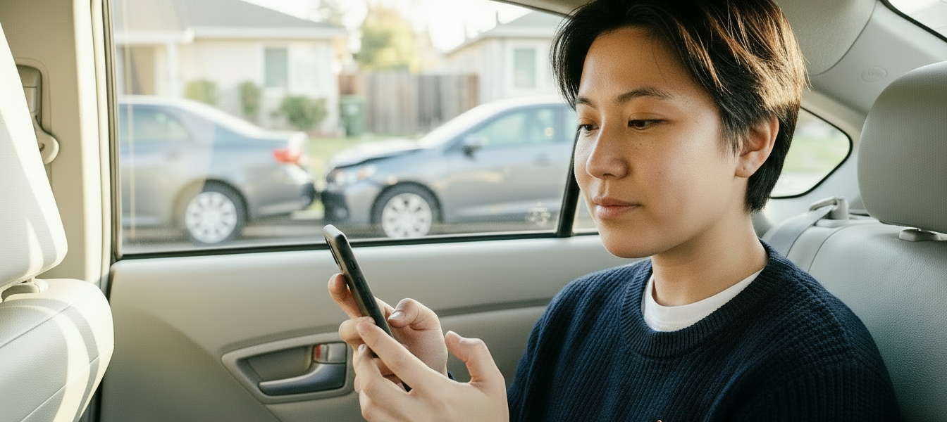 Woman in rideshare getting support post accident