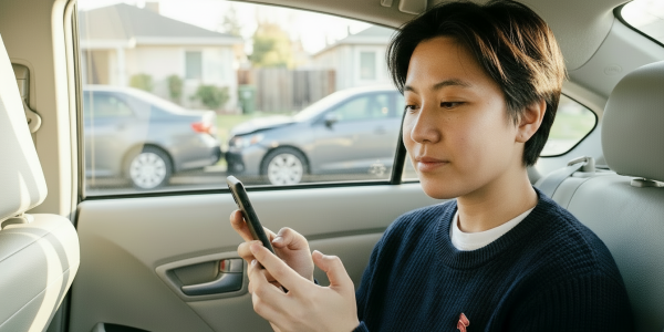 Woman in rideshare getting support post accident