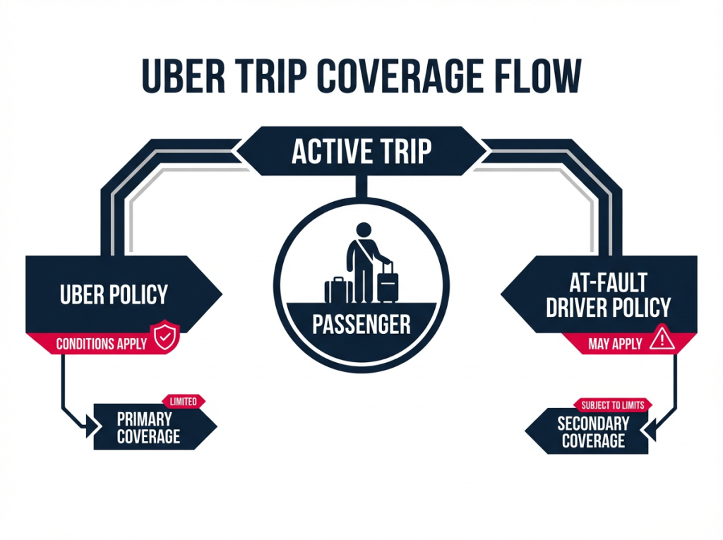 Infographic showing a passenger at the center of a radial flow with an active Uber trip node branching to two coverage nodes labeled “Uber policy” and “At-fault driver policy,” using navy accents and red callouts for important items.