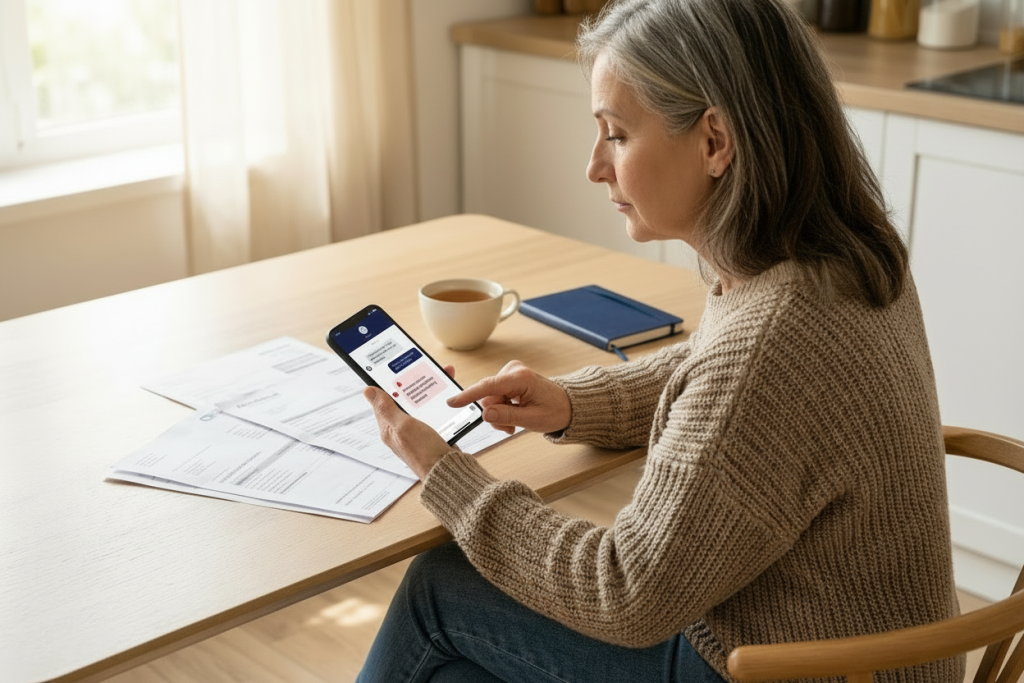 An older adult at a clean kitchen table reviewing medical bills while looking at a phone showing a helpful AI chat interface; warm natural light and navy-accented kitchen convey relief and clarity.