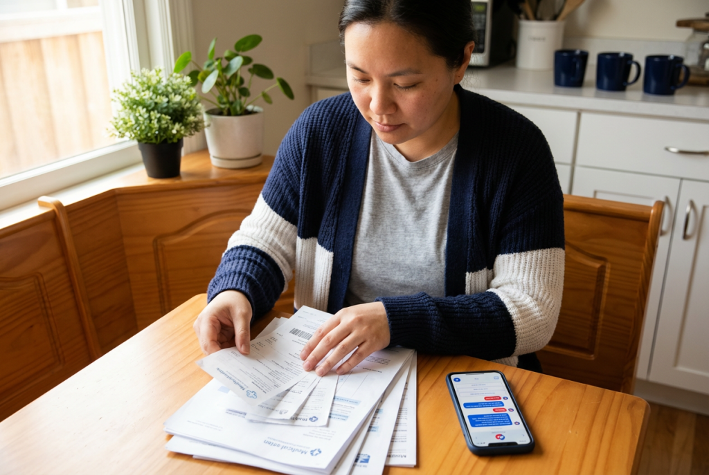 Person at a kitchen table reviewing medical discharge papers and receipts with a smartphone nearby showing an AI assistant; warm natural light and a clean, uncluttered background emphasize action and clarity.