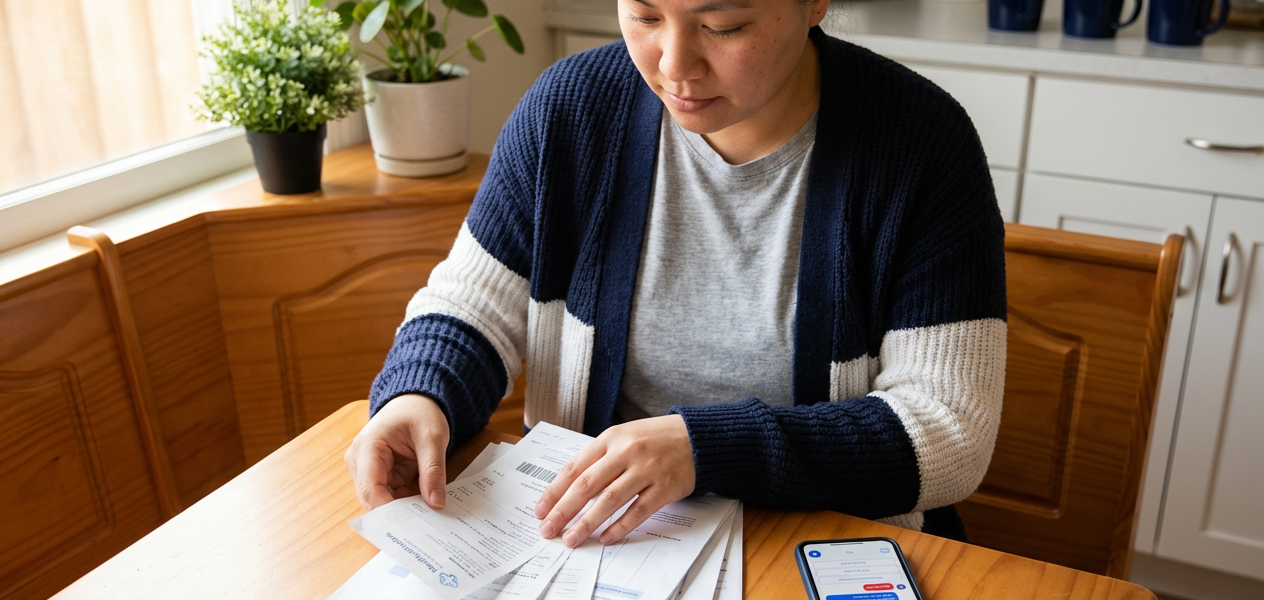 Person at a kitchen table reviewing medical discharge papers and receipts with a smartphone nearby showing an AI assistant; warm natural light and a clean, uncluttered background emphasize action and clarity.