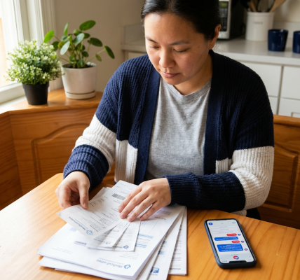 Person at a kitchen table reviewing medical discharge papers and receipts with a smartphone nearby showing an AI assistant; warm natural light and a clean, uncluttered background emphasize action and clarity.