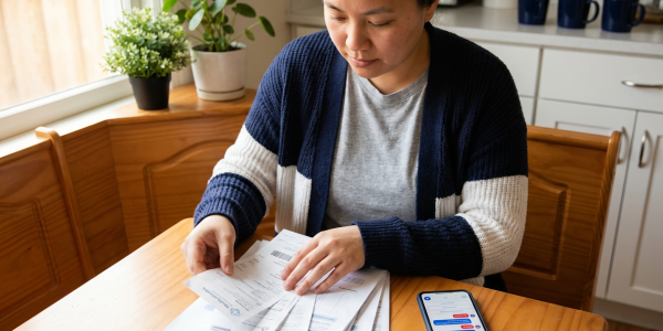 Person at a kitchen table reviewing medical discharge papers and receipts with a smartphone nearby showing an AI assistant; warm natural light and a clean, uncluttered background emphasize action and clarity.