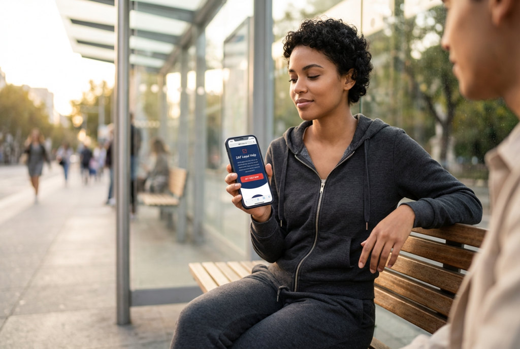 Young woman at a bus stop holds a phone toward the camera showing a legal help app interface, bathed in warm golden-hour light and conveying calm confidence and accessible support.