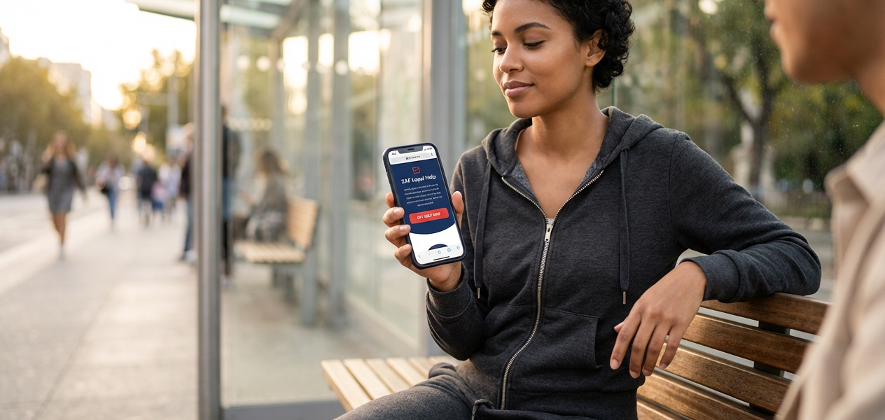 Young woman at a bus stop holds a phone toward the camera showing a legal help app interface, bathed in warm golden-hour light and conveying calm confidence and accessible support.