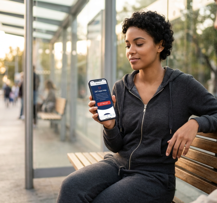Young woman at a bus stop holds a phone toward the camera showing a legal help app interface, bathed in warm golden-hour light and conveying calm confidence and accessible support.
