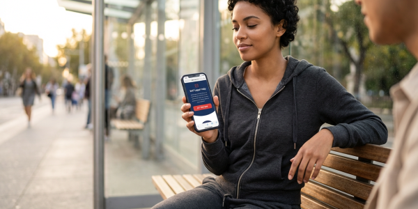 Young woman at a bus stop holds a phone toward the camera showing a legal help app interface, bathed in warm golden-hour light and conveying calm confidence and accessible support.