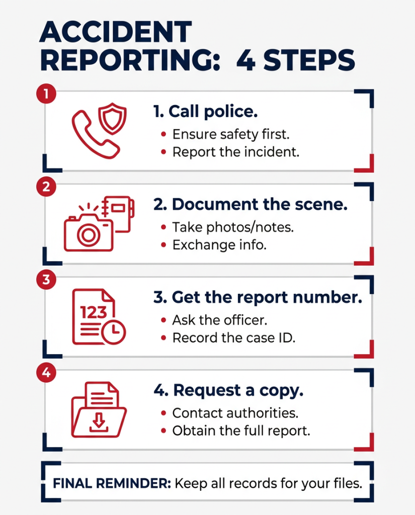 Vertical infographic illustrating the four-step accident reporting process with large icons and numbered cards: call police, document the scene, get the report number, and request a copy; navy headers and red action badges on a white background for clear contrast.