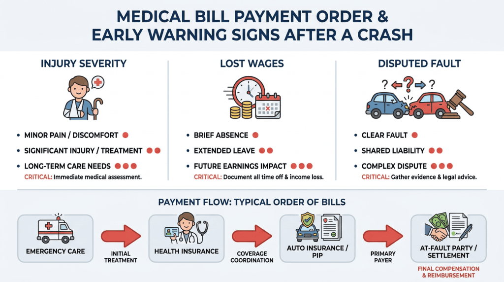 Infographic with a three-column comparison of early-warning signs a claim is getting too complex and a horizontal flowchart below showing the order medical bills are paid after a crash; Navy headings, ZAF Red highlights, and simple illustrative icons on a white background.
