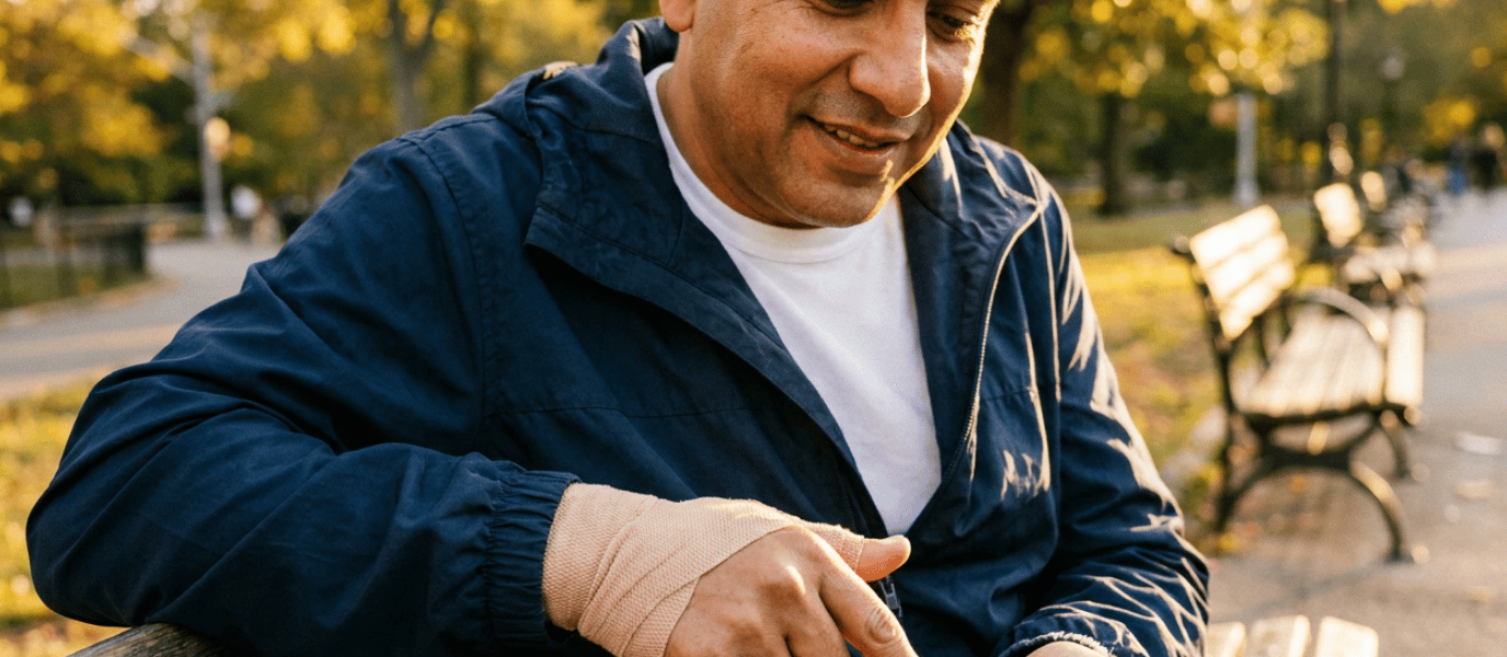 Middle-aged community volunteer with a bandaged hand sits on a park bench at golden hour, looking at a smartphone displaying a legal-assistant interface with a concerned but hopeful expression.