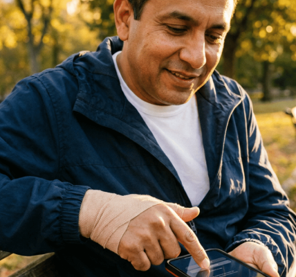 Middle-aged community volunteer with a bandaged hand sits on a park bench at golden hour, looking at a smartphone displaying a legal-assistant interface with a concerned but hopeful expression.
