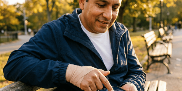 Middle-aged community volunteer with a bandaged hand sits on a park bench at golden hour, looking at a smartphone displaying a legal-assistant interface with a concerned but hopeful expression.