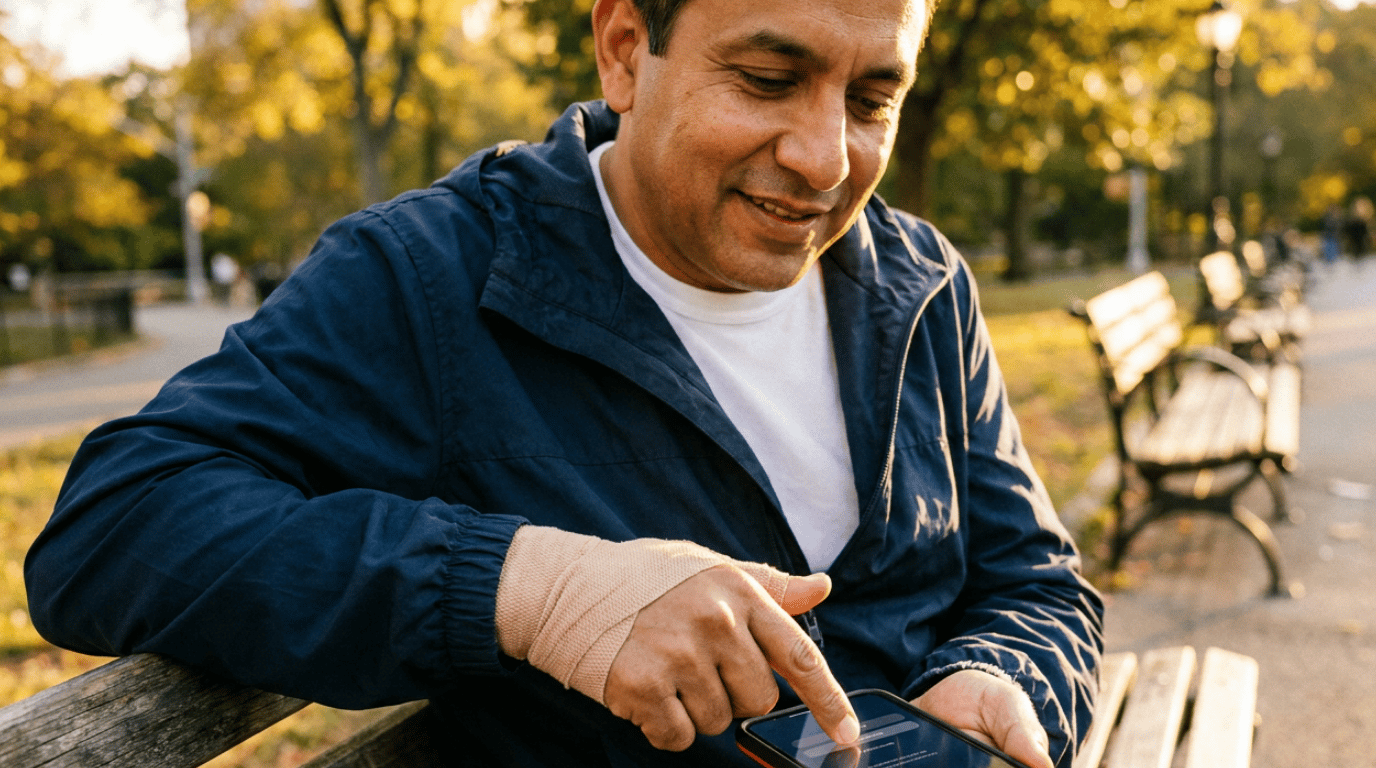 Middle-aged community volunteer with a bandaged hand sits on a park bench at golden hour, looking at a smartphone displaying a legal-assistant interface with a concerned but hopeful expression.