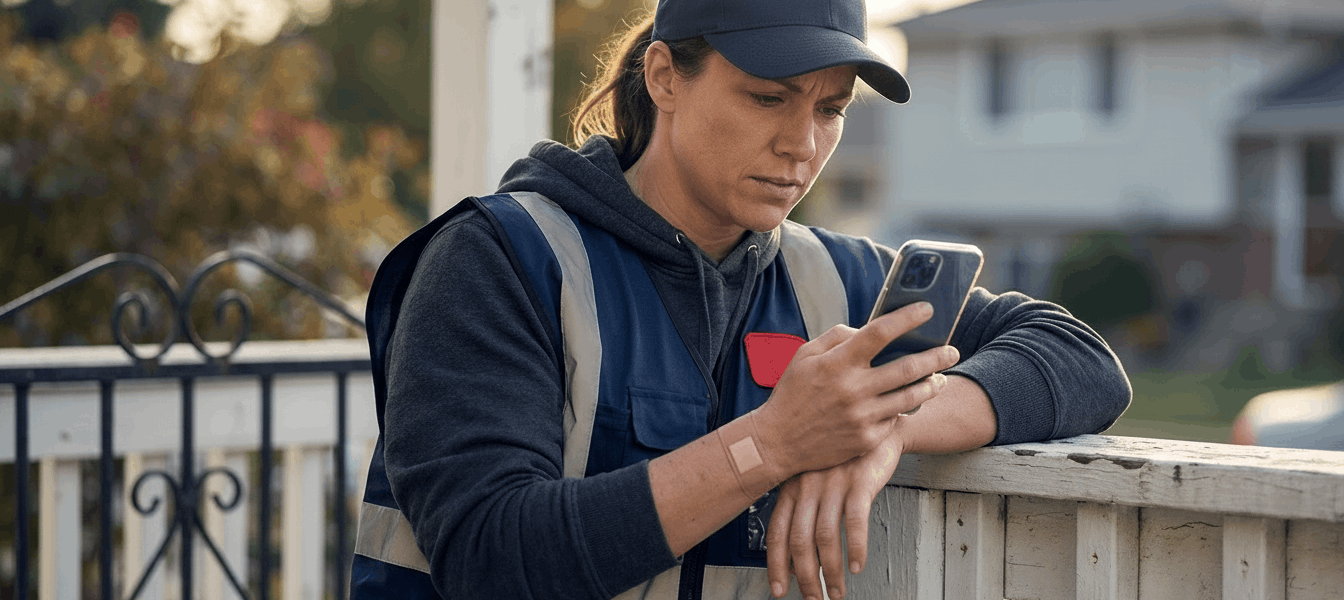 Delivery driver leaning on a front porch railing and looking at their phone with a concerned expression, a white porch and iron gate visible in warm late-afternoon light; the scene conveys non-graphic injury and the search for practical guidance. The phone screen shows a faint app interface and the color palette is anchored in navy with a small red accent.