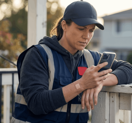 Delivery driver leaning on a front porch railing and looking at their phone with a concerned expression, a white porch and iron gate visible in warm late-afternoon light; the scene conveys non-graphic injury and the search for practical guidance. The phone screen shows a faint app interface and the color palette is anchored in navy with a small red accent.