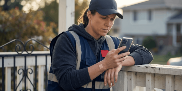 Delivery driver leaning on a front porch railing and looking at their phone with a concerned expression, a white porch and iron gate visible in warm late-afternoon light; the scene conveys non-graphic injury and the search for practical guidance. The phone screen shows a faint app interface and the color palette is anchored in navy with a small red accent.