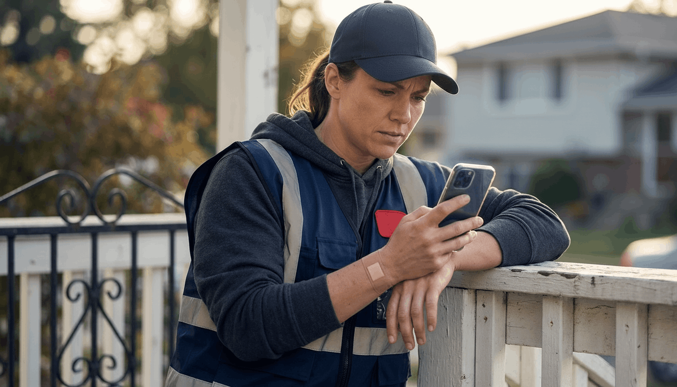 Delivery driver leaning on a front porch railing and looking at their phone with a concerned expression, a white porch and iron gate visible in warm late-afternoon light; the scene conveys non-graphic injury and the search for practical guidance. The phone screen shows a faint app interface and the color palette is anchored in navy with a small red accent.