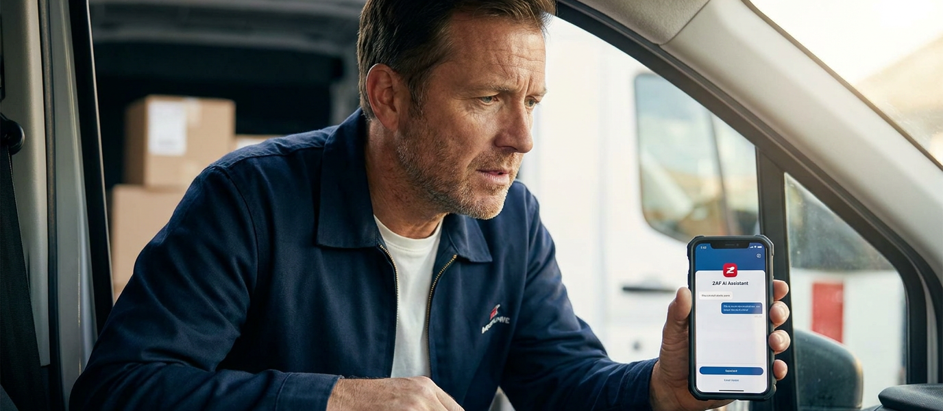 Middle-aged delivery driver leans forward in a parked van reading an AI assistance app on his smartphone with a concerned but focused expression; soft natural light illuminates his face and the phone screen against a clean background of parcel boxes.