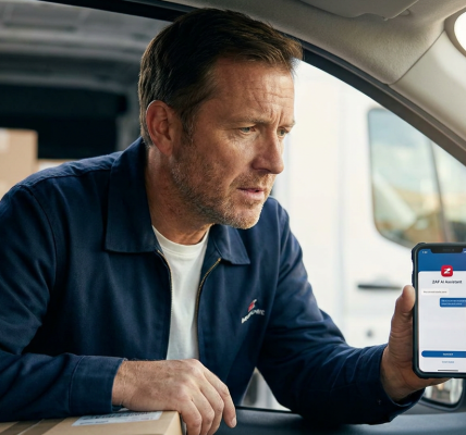 Middle-aged delivery driver leans forward in a parked van reading an AI assistance app on his smartphone with a concerned but focused expression; soft natural light illuminates his face and the phone screen against a clean background of parcel boxes.