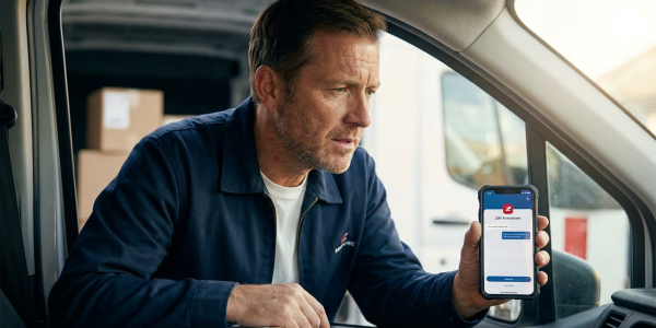 Middle-aged delivery driver leans forward in a parked van reading an AI assistance app on his smartphone with a concerned but focused expression; soft natural light illuminates his face and the phone screen against a clean background of parcel boxes.