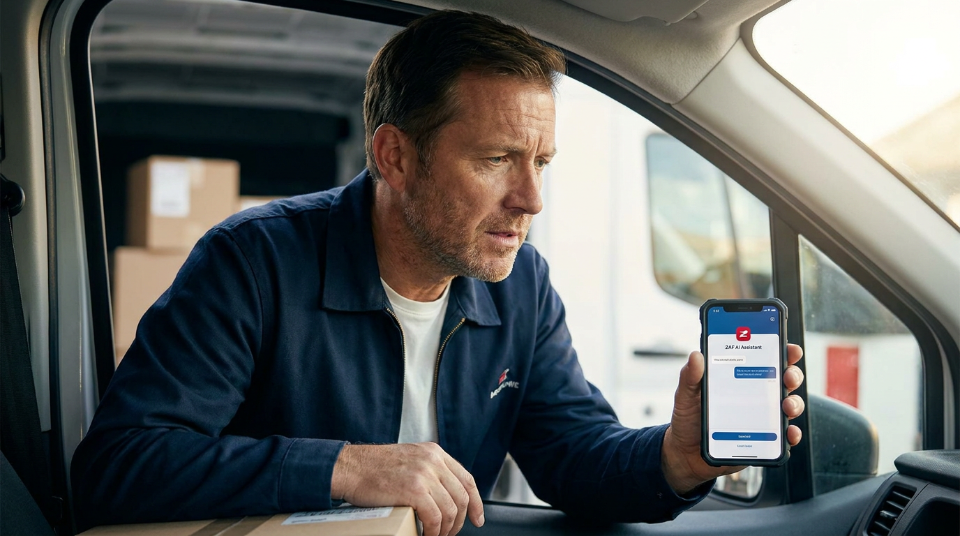 Middle-aged delivery driver leans forward in a parked van reading an AI assistance app on his smartphone with a concerned but focused expression; soft natural light illuminates his face and the phone screen against a clean background of parcel boxes.