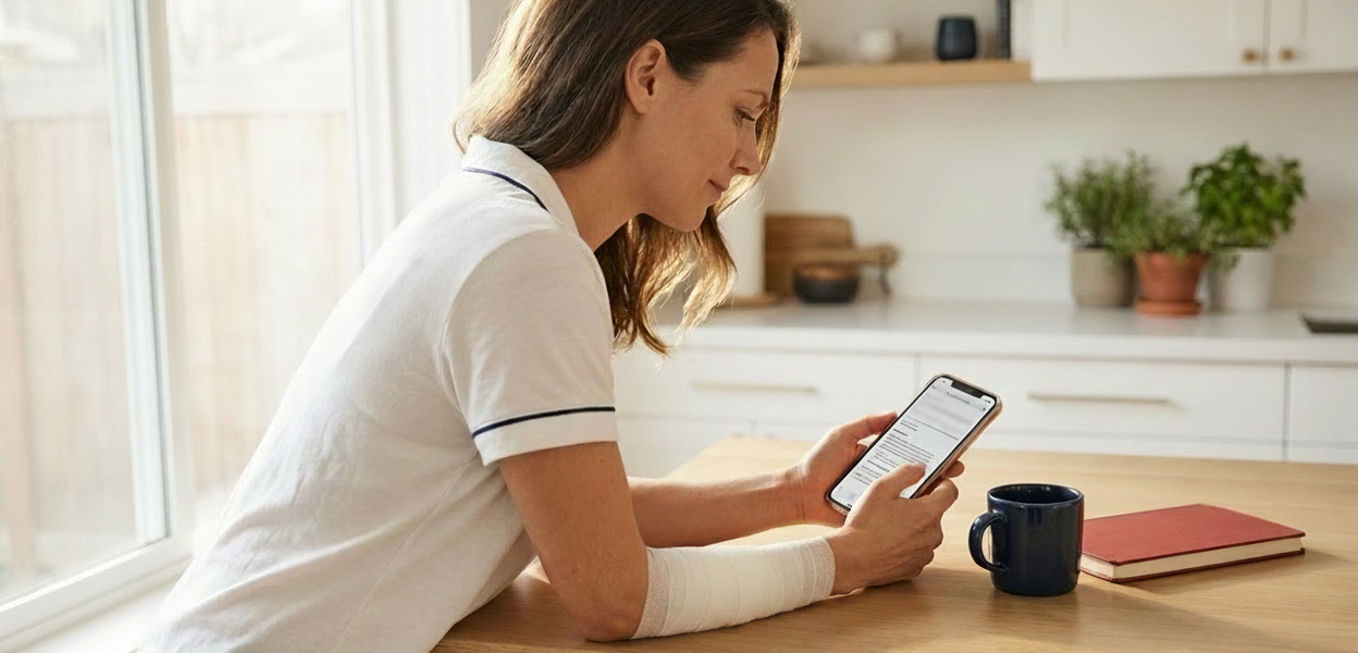 Woman with a dog bite doing research on her phone in her kitchen.