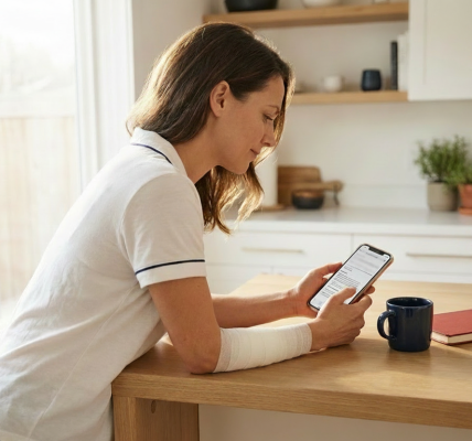 Woman with a dog bite doing research on her phone in her kitchen.