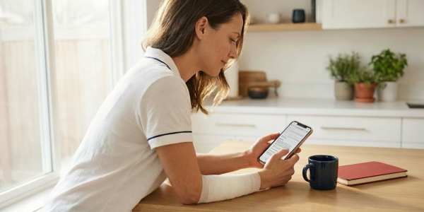 Woman with a dog bite doing research on her phone in her kitchen.
