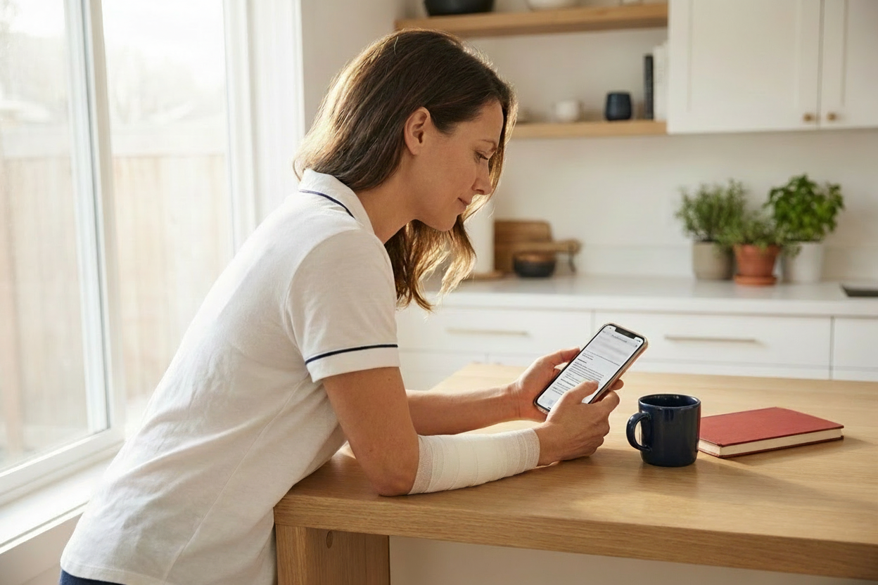 Woman with a dog bite doing research on her phone in her kitchen.