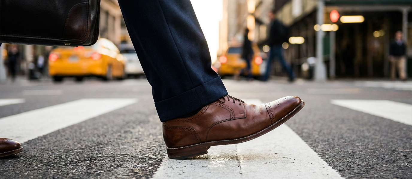 Close-up shot of a man's brown dress shoes crossing a pedestrian lane.