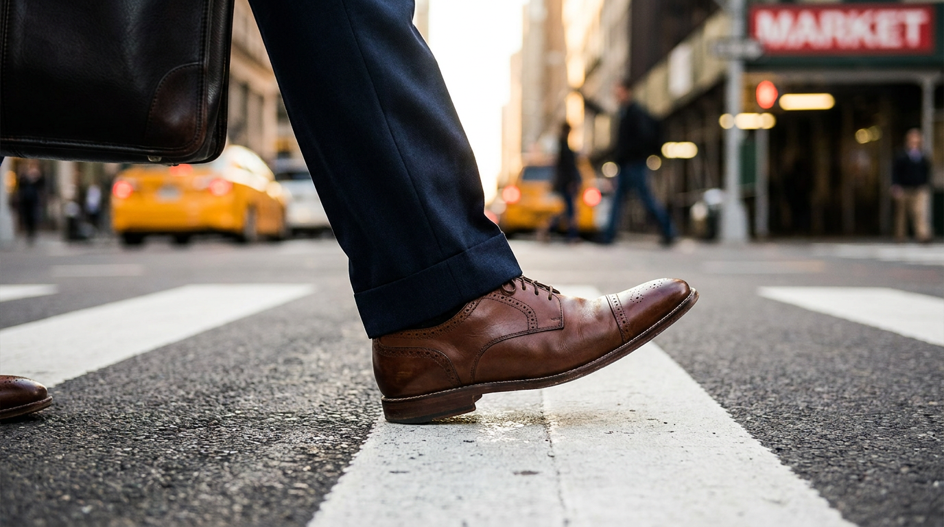 Close-up shot of a man's brown dress shoes crossing a pedestrian lane.