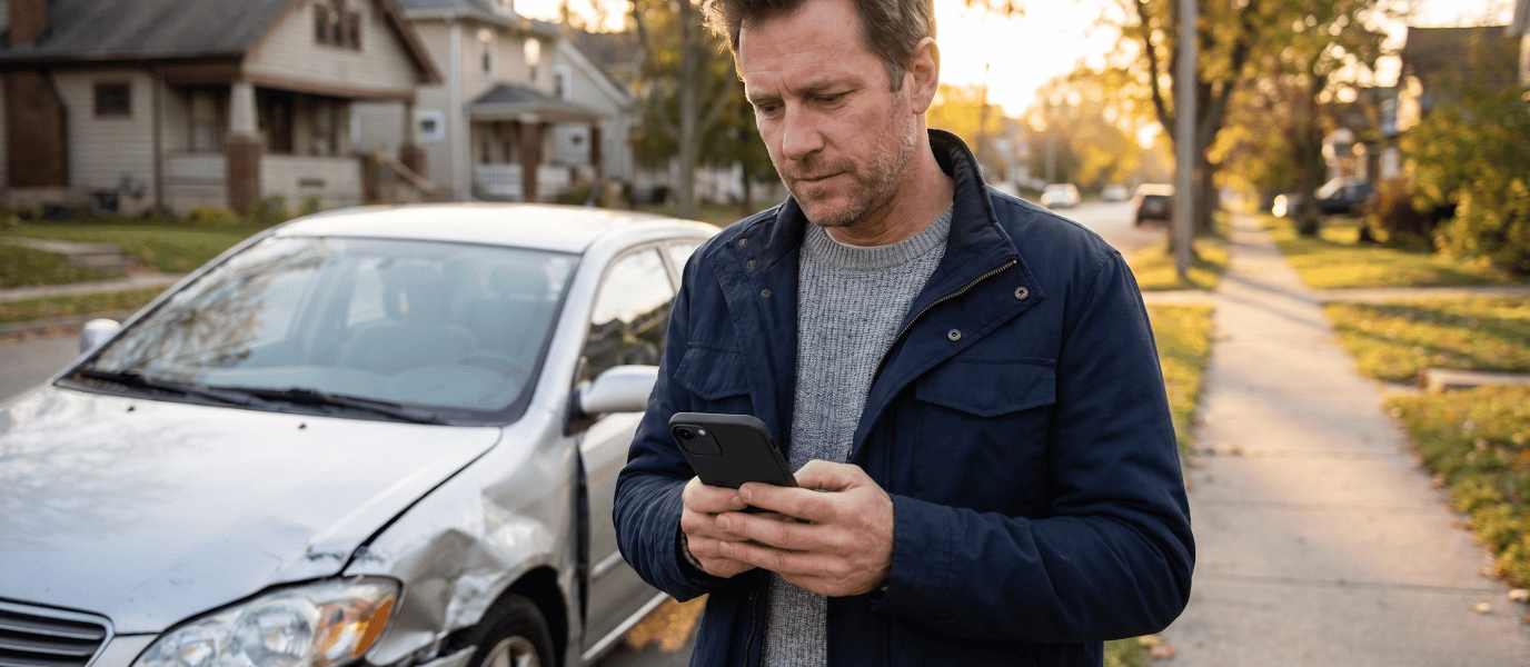 A shaken driver standing beside a damaged car at golden hour, calmly looking at a smartphone displaying an AI claims assistant interface to take quick, reassuring action. The scene uses warm natural light and a clean suburban background to emphasize safety and empowerment.