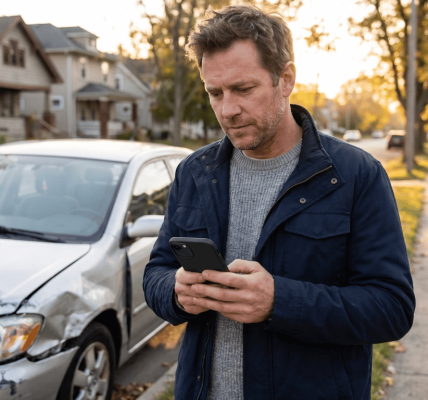 A shaken driver standing beside a damaged car at golden hour, calmly looking at a smartphone displaying an AI claims assistant interface to take quick, reassuring action. The scene uses warm natural light and a clean suburban background to emphasize safety and empowerment.
