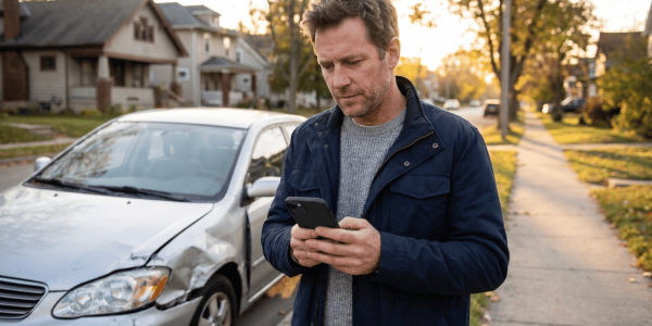 A shaken driver standing beside a damaged car at golden hour, calmly looking at a smartphone displaying an AI claims assistant interface to take quick, reassuring action. The scene uses warm natural light and a clean suburban background to emphasize safety and empowerment.