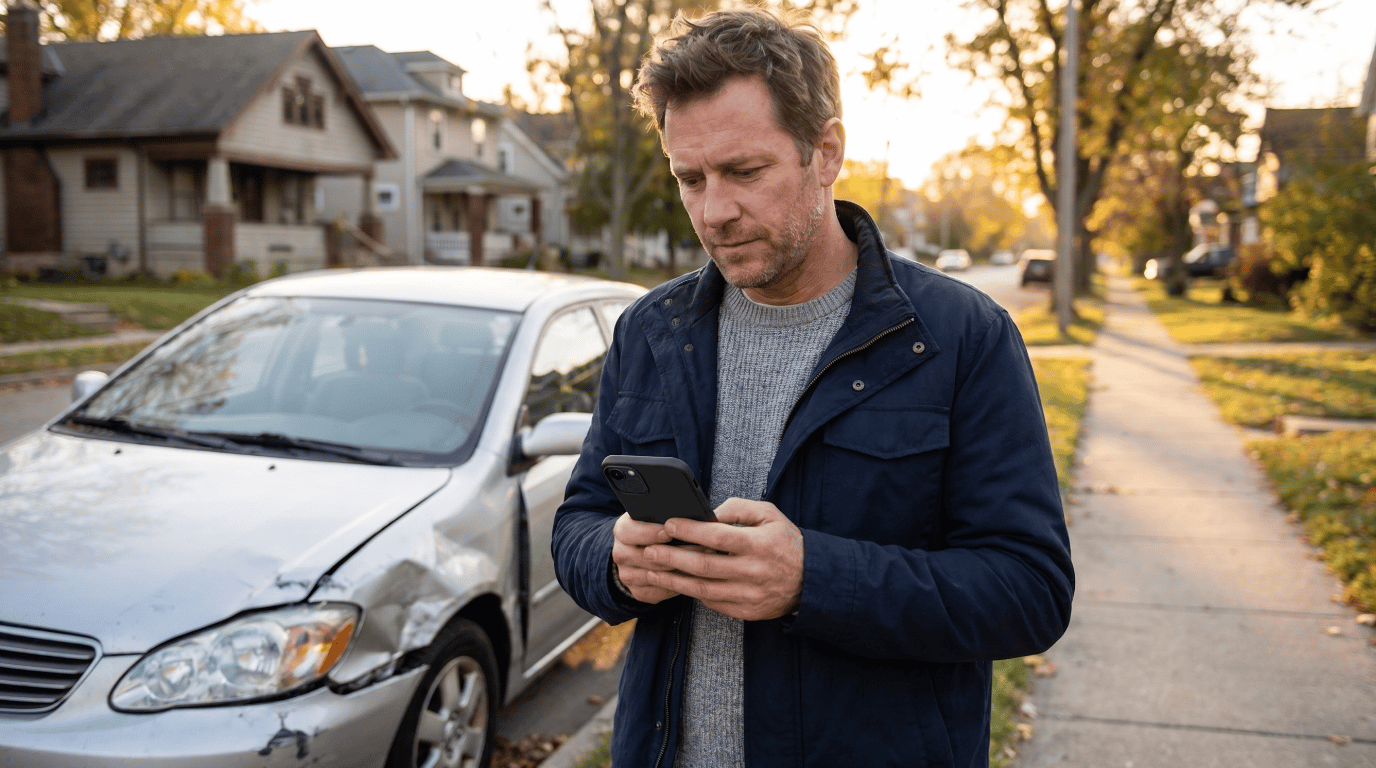 A shaken driver standing beside a damaged car at golden hour, calmly looking at a smartphone displaying an AI claims assistant interface to take quick, reassuring action. The scene uses warm natural light and a clean suburban background to emphasize safety and empowerment.
