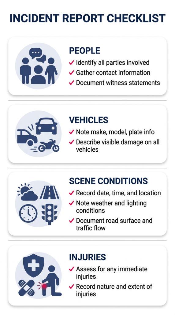 Vertical checklist infographic showing four evidence categories (People, Vehicles, Scene Conditions, Injuries) with simple icons, short labels, and accent colors for quick scanning on mobile devices.