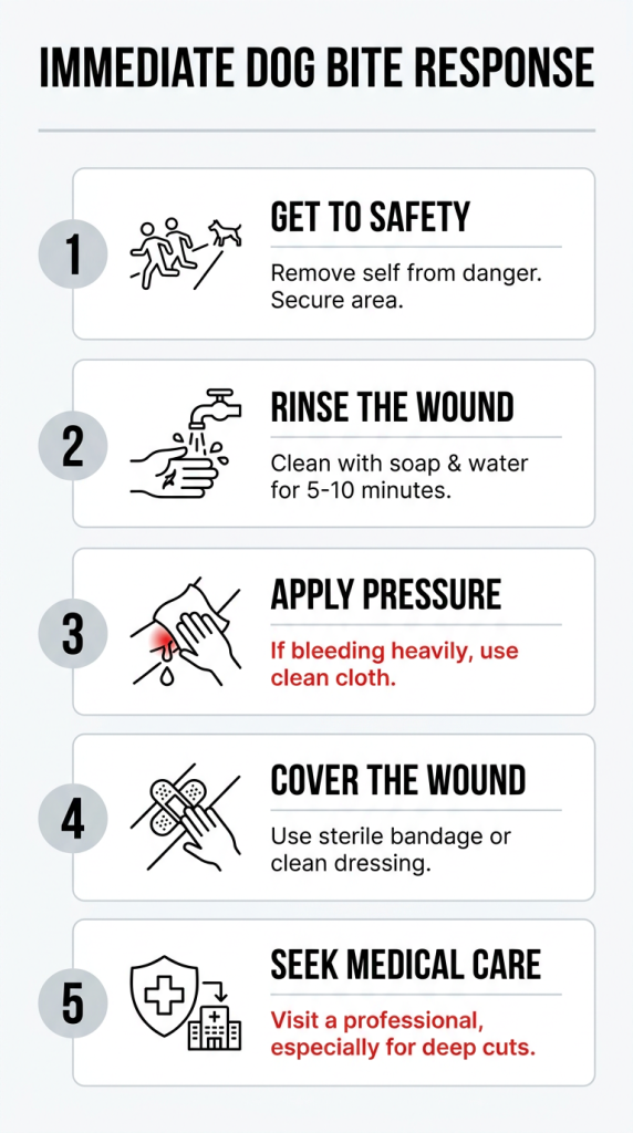 Infographic depicting immediate steps in first aid to take after a dog bite.