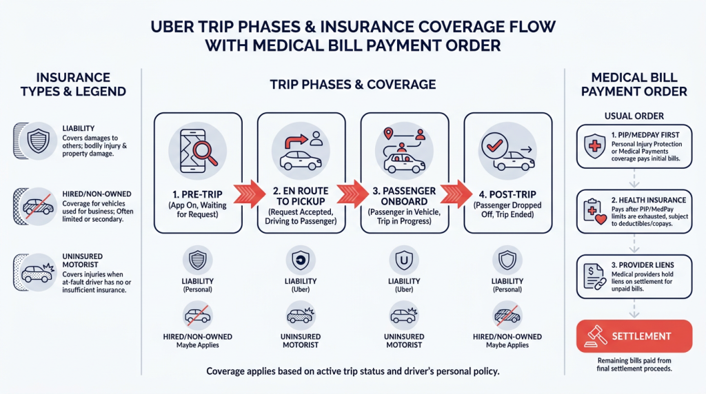 Infographic with a centered horizontal flow of Uber trip phases mapped to likely insurance coverage using arrows and icons, flanked by a left legend and a right panel showing the medical bill payment order (PIP/MedPay, health insurance, provider liens). The design uses Navy headings, red callouts, and simple flat icons with generous white space for readability.