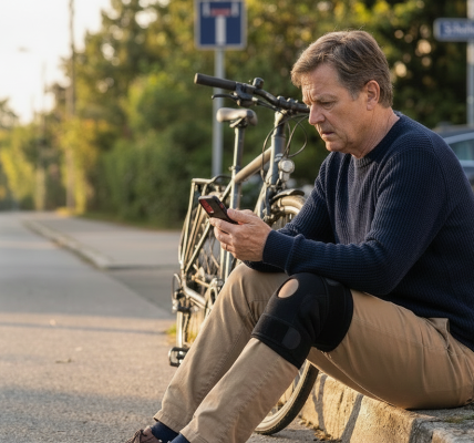 Injured cyclist in their late 50s seated on a curb beside a bicycle and parked car, checking a smartphone with a worried expression on a quiet city side street at golden hour.