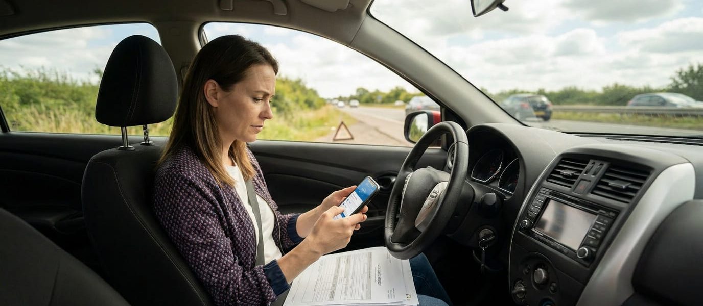 Parent seated in a parked car looking calmly at their phone and paperwork after a minor collision, focused and problem-solving with car interior and a blurred roadside visible through the window.