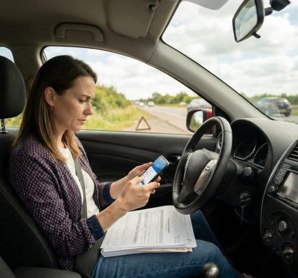 Parent seated in a parked car looking calmly at their phone and paperwork after a minor collision, focused and problem-solving with car interior and a blurred roadside visible through the window.