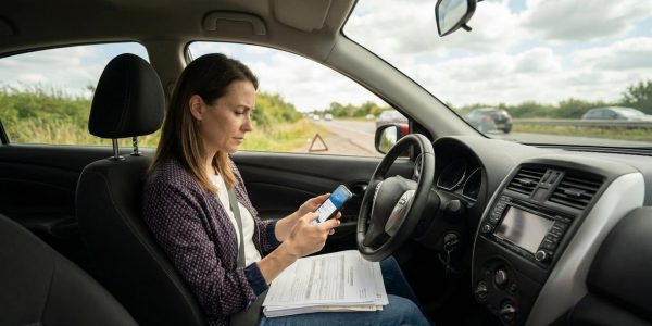 Parent seated in a parked car looking calmly at their phone and paperwork after a minor collision, focused and problem-solving with car interior and a blurred roadside visible through the window.