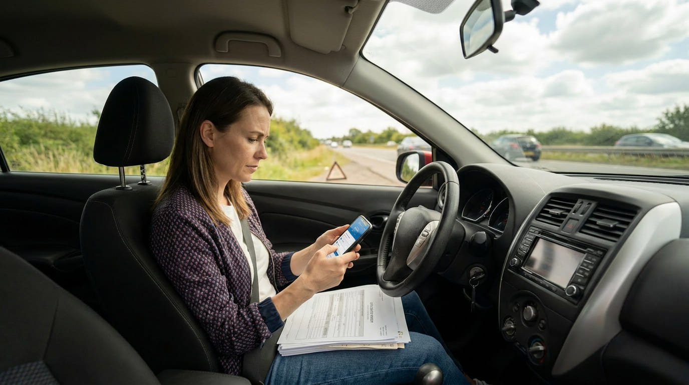 Parent seated in a parked car looking calmly at their phone and paperwork after a minor collision, focused and problem-solving with car interior and a blurred roadside visible through the window.