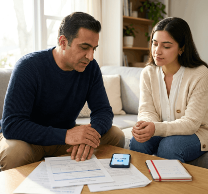 Two people sit at a small table in a bright living room reviewing medical paperwork and a phone screen displaying an AI legal assistant; the scene conveys calm, no-pressure guidance and clear options.