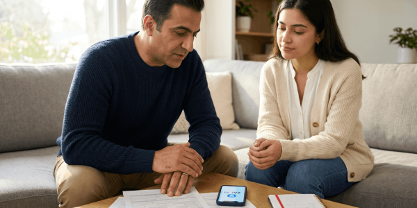 Two people sit at a small table in a bright living room reviewing medical paperwork and a phone screen displaying an AI legal assistant; the scene conveys calm, no-pressure guidance and clear options.