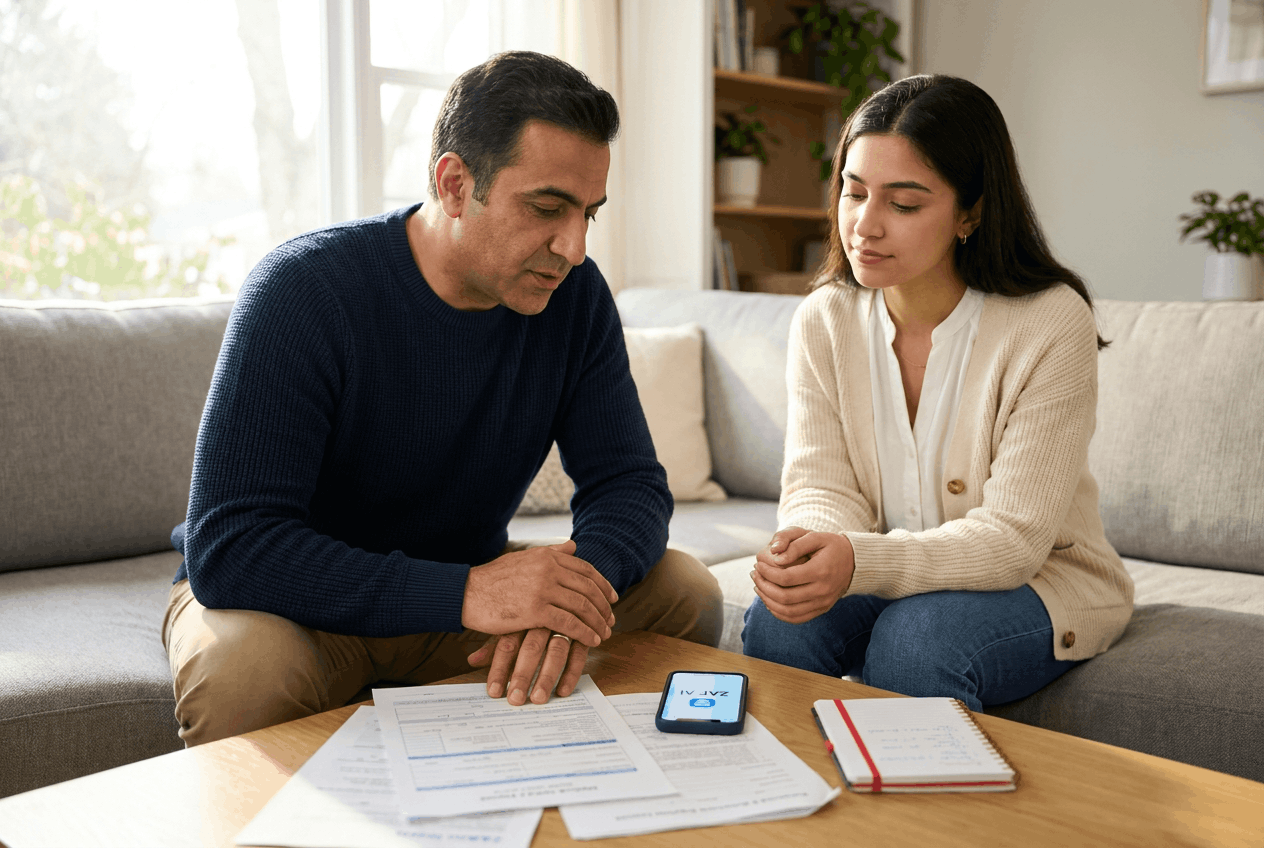 Two people sit at a small table in a bright living room reviewing medical paperwork and a phone screen displaying an AI legal assistant; the scene conveys calm, no-pressure guidance and clear options.