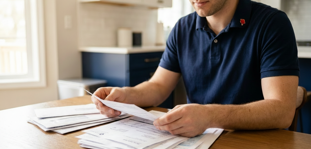 Man sorting through medical bills in a kitchen.