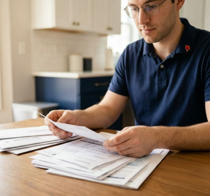 Man sorting through medical bills in a kitchen.
